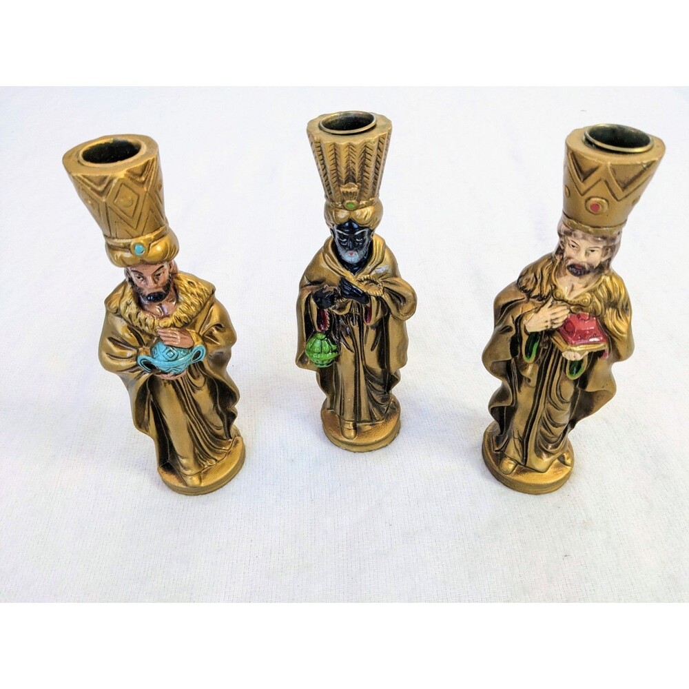 Vtg Three Wise Men Nativity Candle Holder Brite Star 3 Kings Hand Painted w Box
